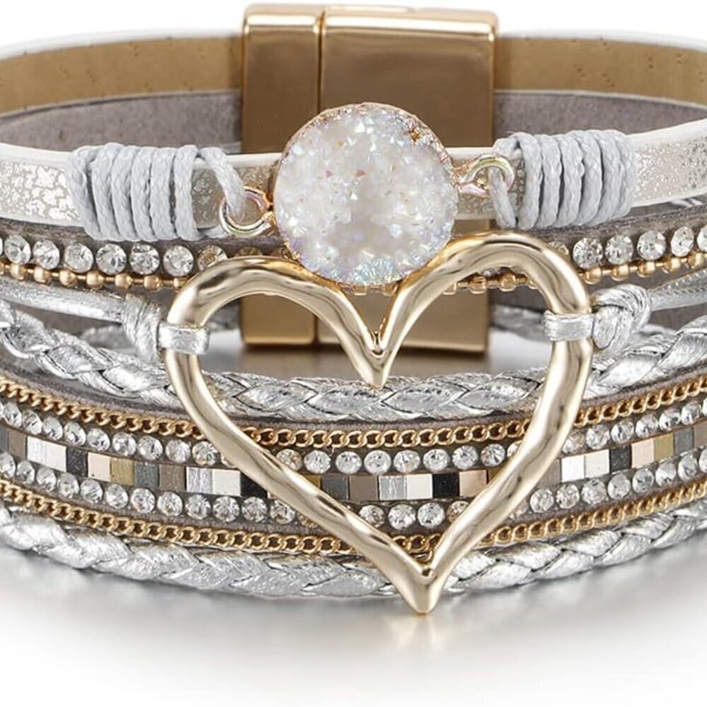 Leopard Leather Wrap Bracelet Women Boho Multi-Layer Pearl Crystal Jewelry